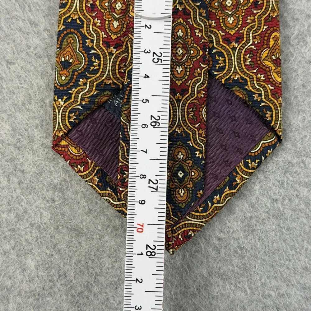 Vintage John Ashford USA Silk Tie Burgundy Navy Gold Medallion Wide 56x3.75